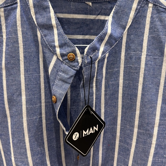 Men’s medium blue and white striped band collar button shirt with short sleeves - Picture 2 of 2